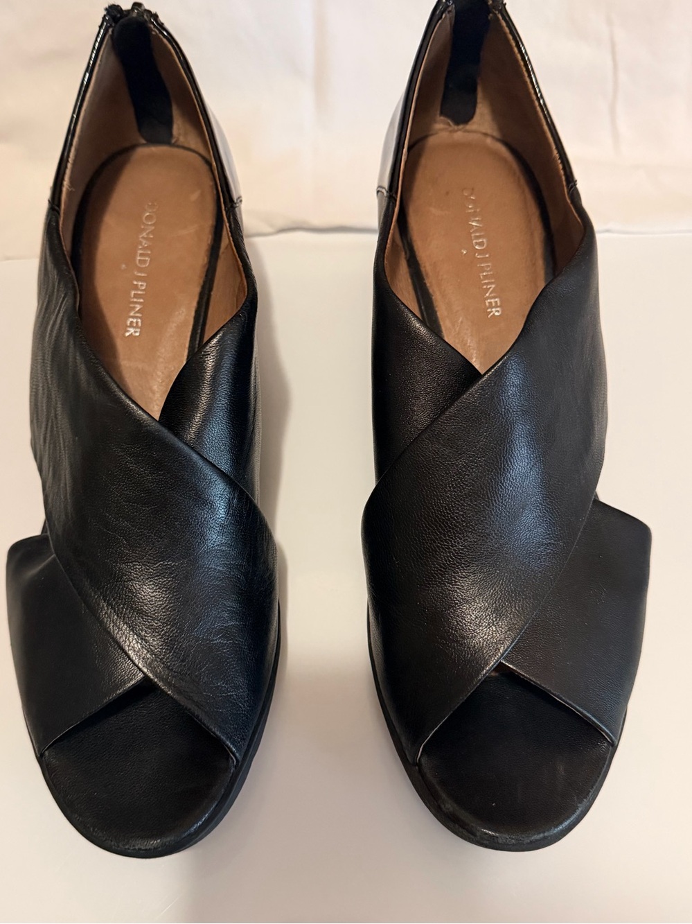 Donald J. Pliner Black Leather Cross‑Front Peep Toe Mules